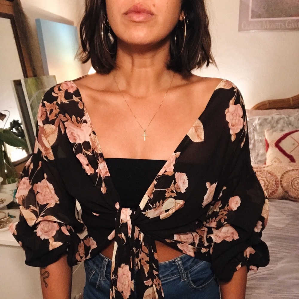 Black floral chiffon blouse